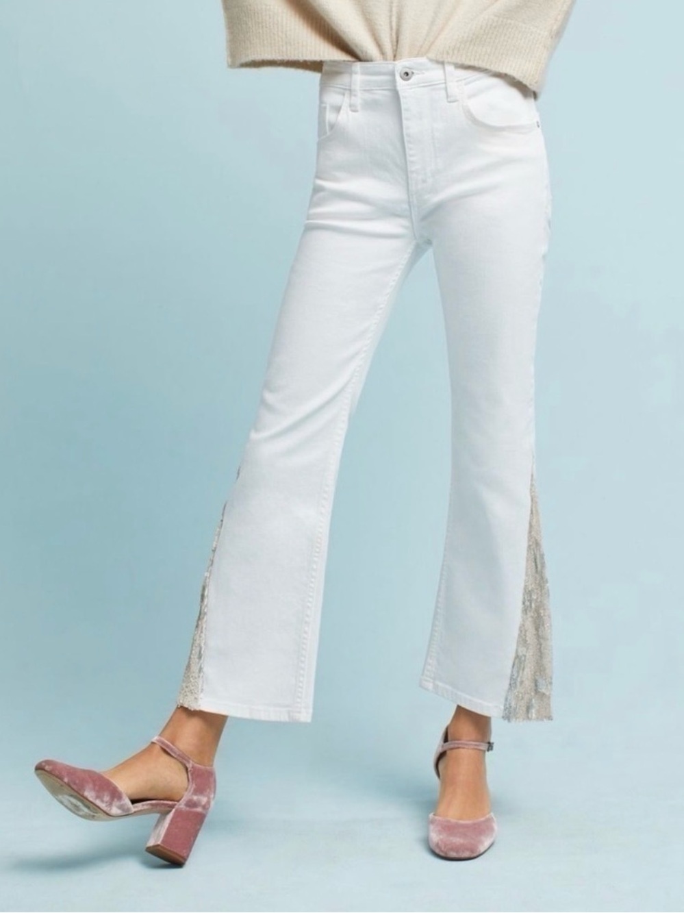 Pilcro and the Letterpress White Flare Jeans with Metallic Side Insets